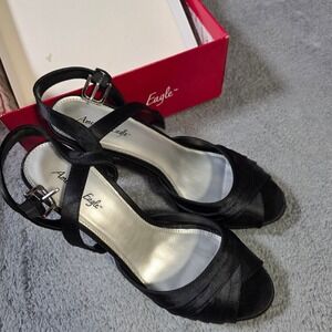 American Eagle Womens 9.5 Heels Black Satin Peep Toe Crisscross Ankle Strap Blok